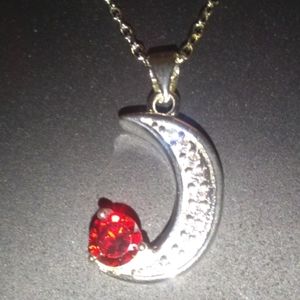 Vintage Women's Silver Toned Half Crescent Moon Red Gemstone Necklace